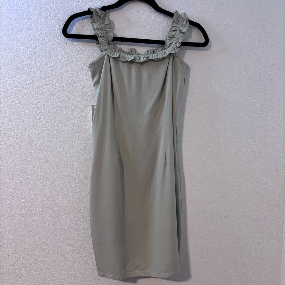 Mickey and Jenny Light Sage Lined Dress Ruffle Collar Side Zipper Size S